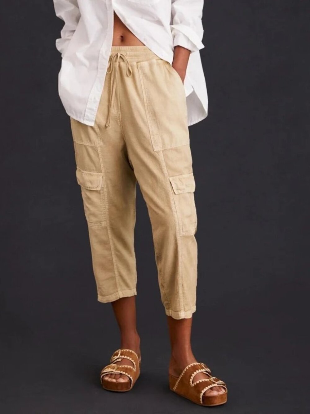 Daily Practice Pull On Cropped Cargo Pants Utility Harem-like Boho Cream/Tan S